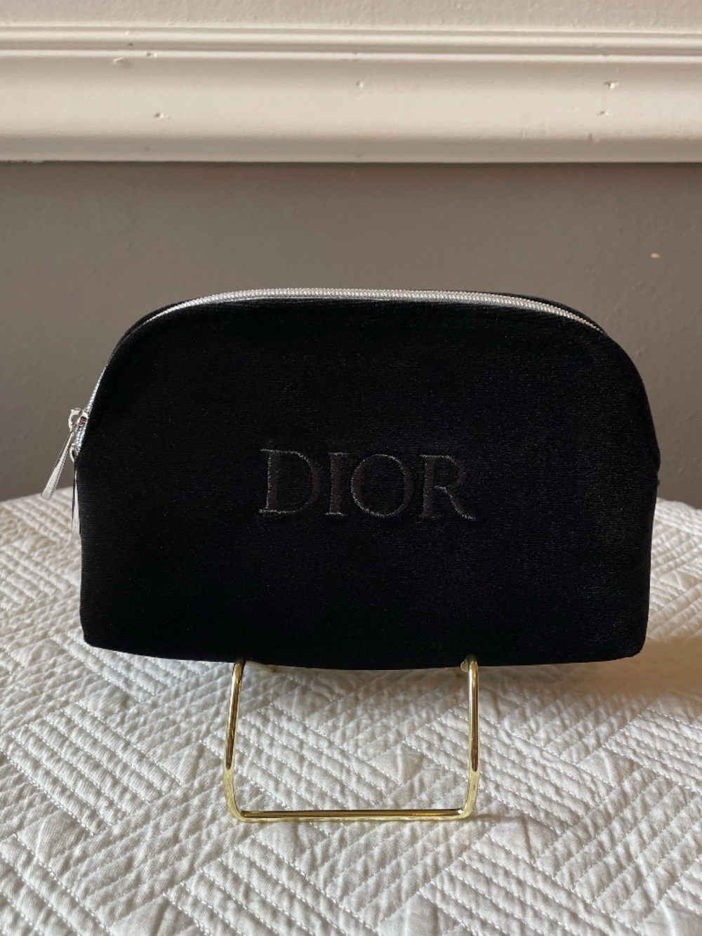 Dior black velvet cosmetic pouch with embroidered black Dior logo